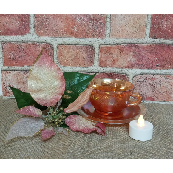 Vintage Carnival Glass Cup Saucer Marigold Amber Floral Lattice MCM Decor VTG - Picture 12 of 12